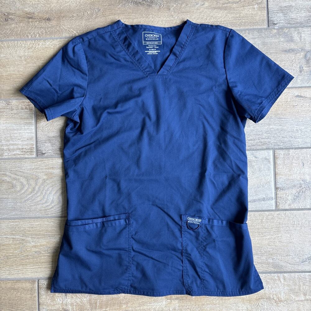 Cherokee Workwear Revolution Women Small Scrub Top Navy‎ Stretch WW620